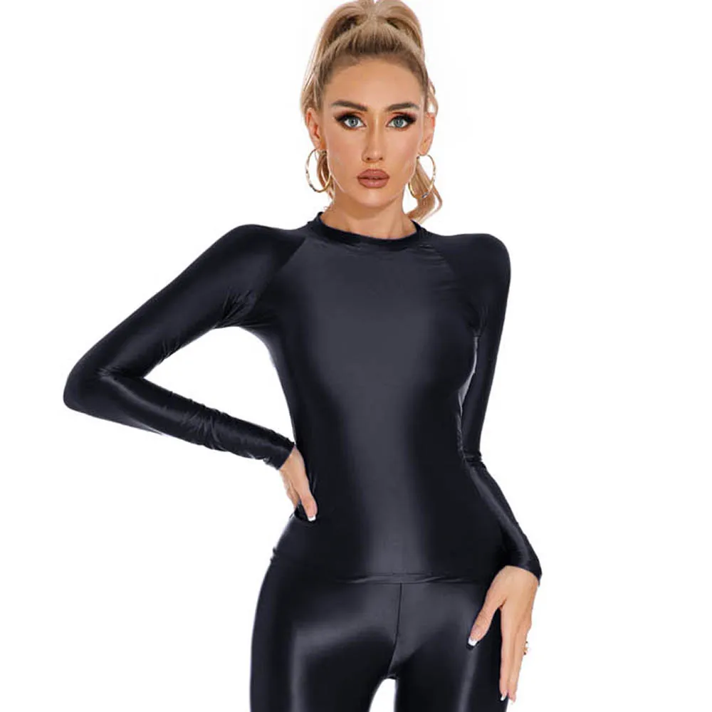 Glänzendes Elastisches Langarm-Shirt für Damen Fitness Gym Athletik Yoga T-Shirt Eng Anliegendes Sexy Oberteil Lässiges Crop Top Bustier-Top – Detail 3