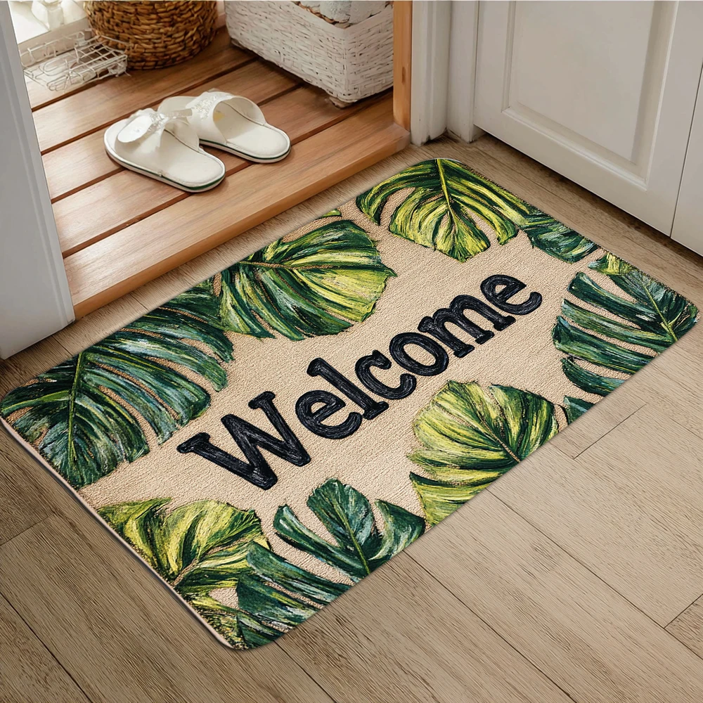

2D Flat Print Green Leaf Plant Design Welcome Doormat for Carpet Mat for Living Room Bedroom Bathroom Kitchen Home Decor