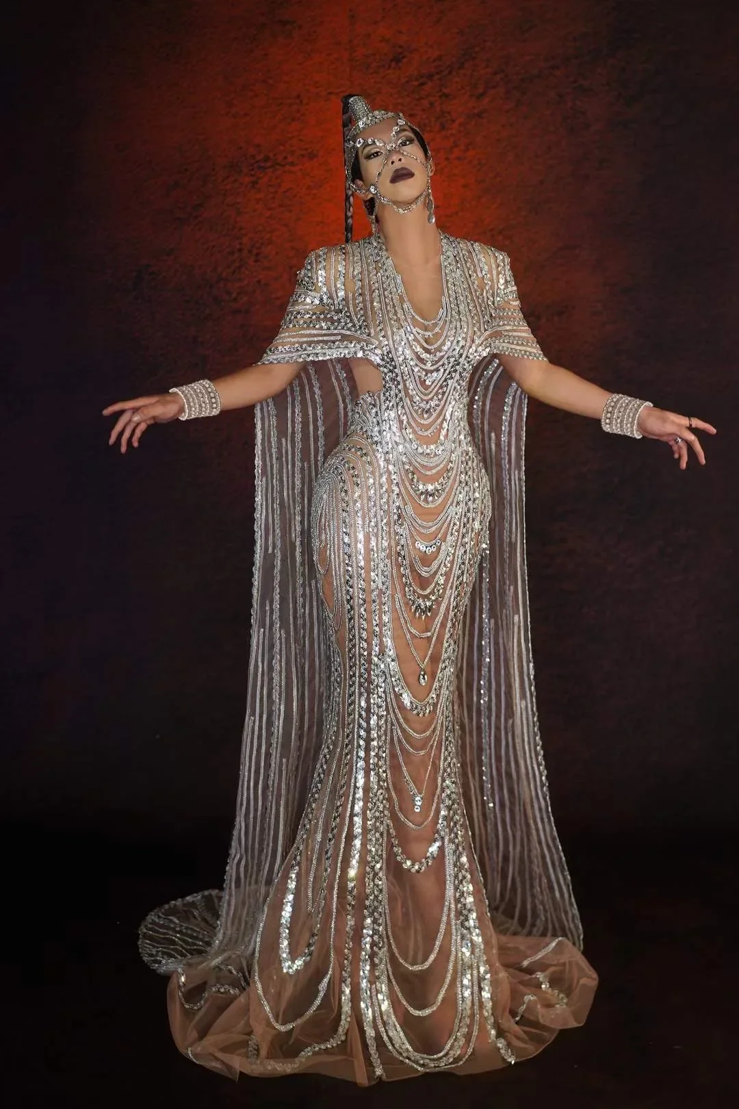 Long Tail Dress For Women Sparkly Sequins Drag Queen Outfit 2023 New Loose See Through Design Singer Stage Wear