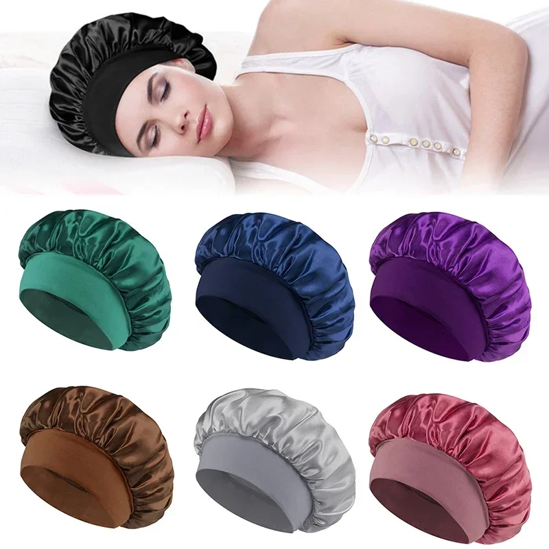 Women Night Sleep Hair Cap Double Layer Adjust Head Cover Hat Silky Bonnet Satin Shower Caps Styling Hat Hair Wrap Hair Tool