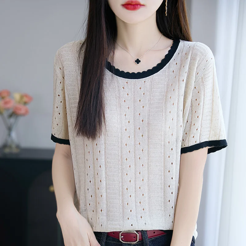 

Classic Summer Knitted Women's Pullover Round Neck Short Sleeve Sweater Soft, Breathable, High Quality Fashion Top