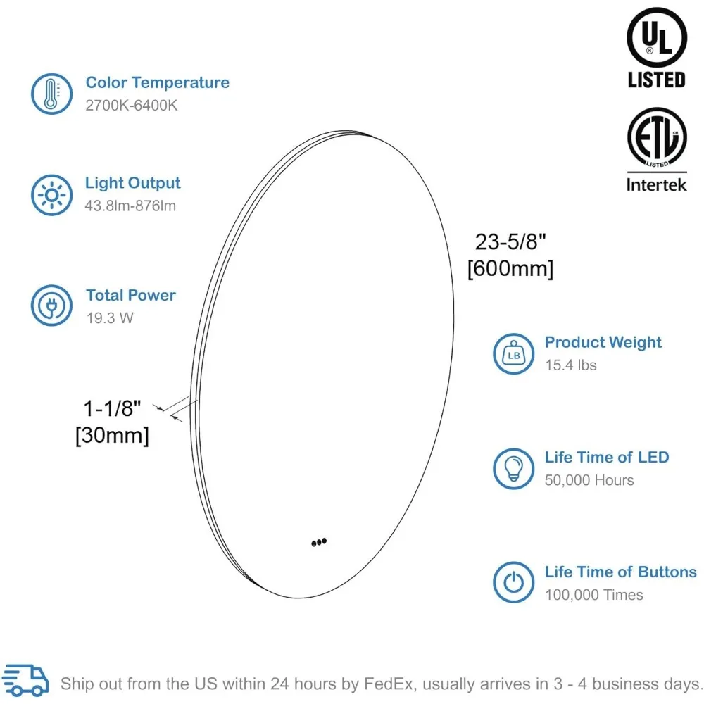 مرآة حمام مضيئة بإضاءة LED مقاس 24 بوصة مع حامل جداري، ومضادة للضباب، وسطوع قابل للتعديل، و3 أوضاع إضاءة