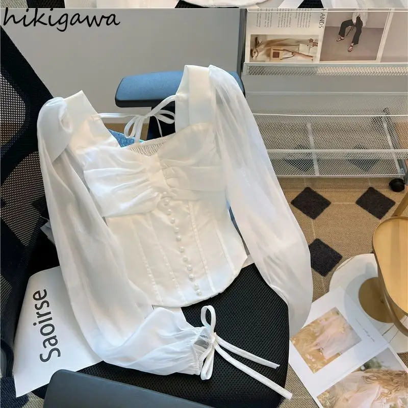 Korean Blouse Women Bandage Bow Single Breasted Summer Shirts 2023 Blusas Mujer De Moda Patchwork Gauze Tunic Chic Blouses Tops