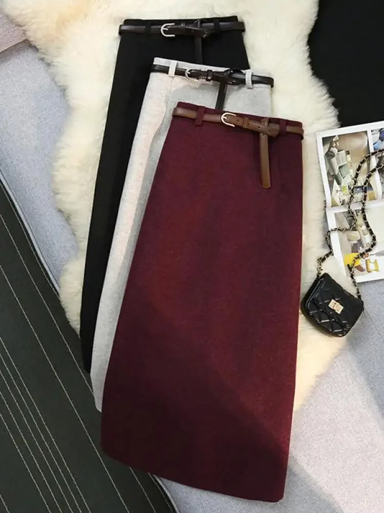 High Waist Party Wrap Hip Mid-length Skirt Vintage Chic Autumn Winter New Beige Purple Elegant Woolen Skirt Female Black Elastic