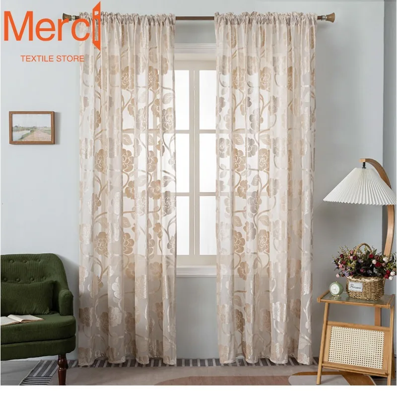 Jacquard Relief American Countryside Flower Semi Blackout Tulle Curtains for Living Dining Room Bedroom Custom Size Decoration