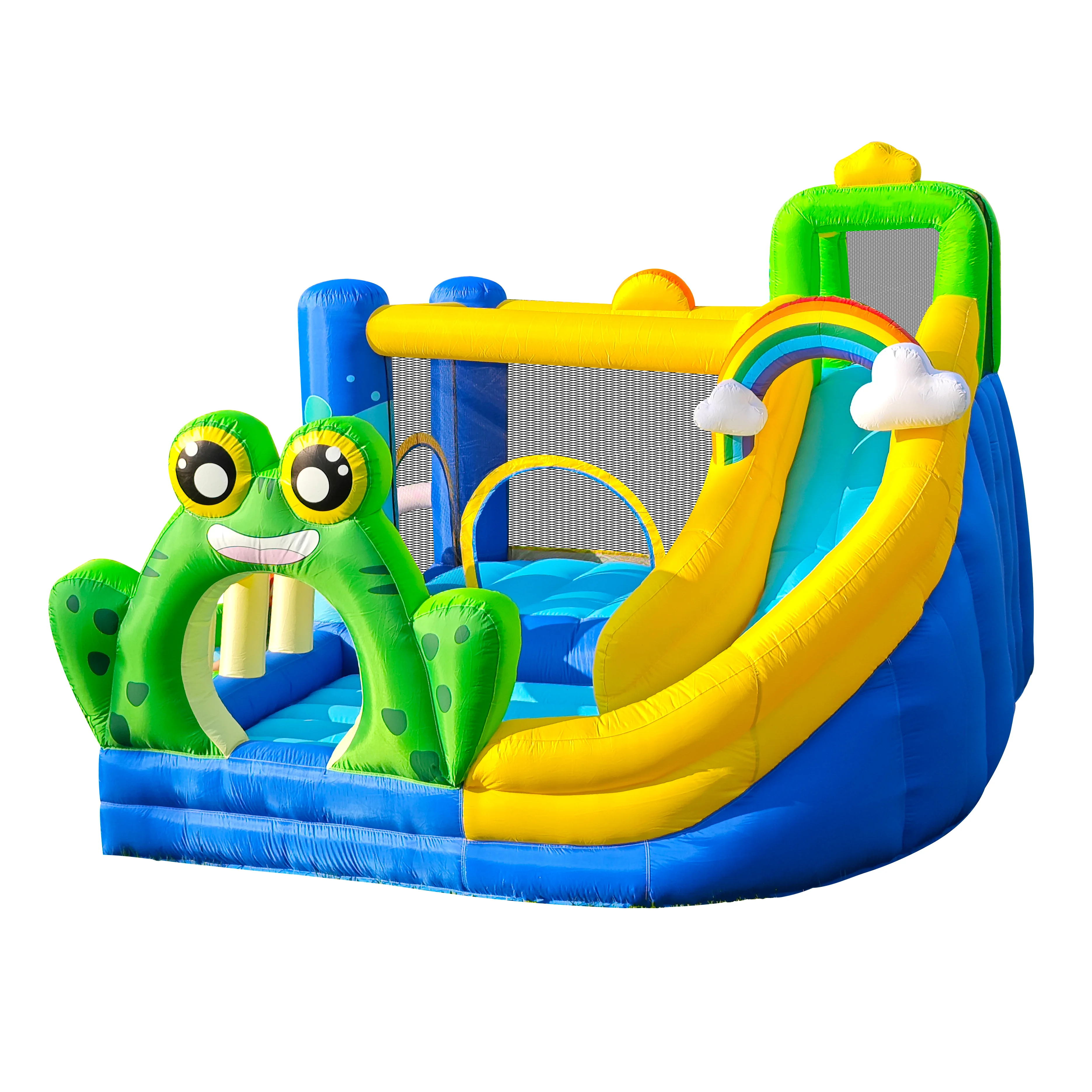 Castillo de salto de trampolín inflable para niños. Parque de atracciones inflable del Príncipe Rana. Tobogán de escalada en roca.