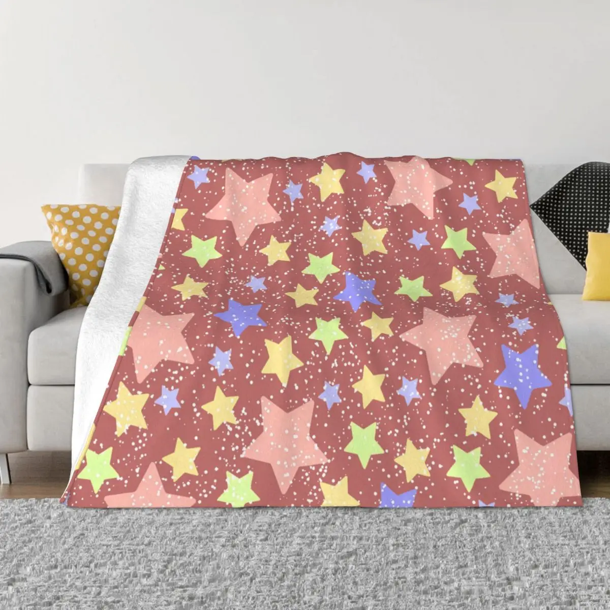 Merry Christmas Day Blanket Flannel Decoration Multicolored Stars Small Dots Chaotic Manner Portable Home Bedspread