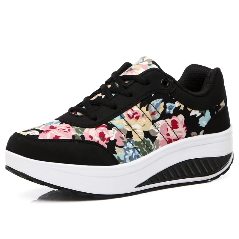 

Women Breathable Toning Shoes Flower Printed Comfortable Thick Soles Swing Shoes Platform Wedge Slimming Sneakers