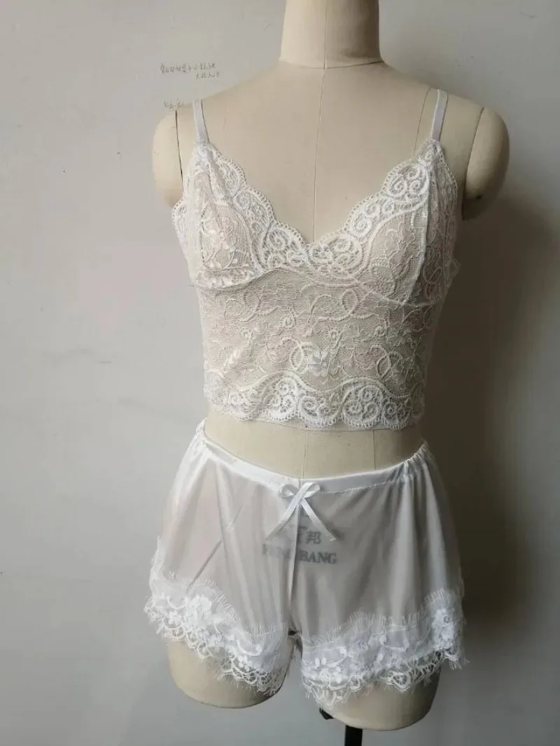 Ensemble pyjama 2 pièces Sexy en dentelle pour femmes, Bralette transparente, haut et short, vêtements de nuit respirants, grande taille, Lingerie d'été