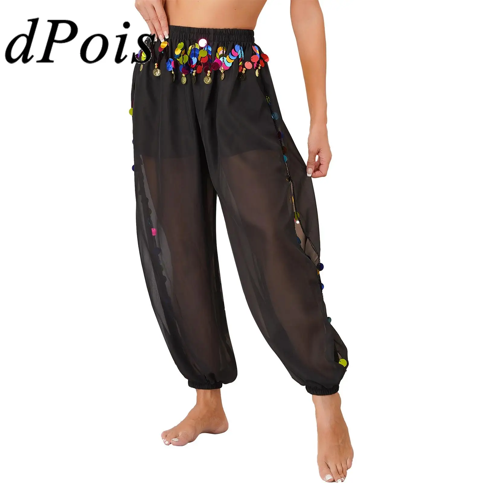 Womens Tribal Belly Dance Harem Pants Arabic Dance Performance Loose Pants Halloween Carnival Costume Sequin Tassel Trouser