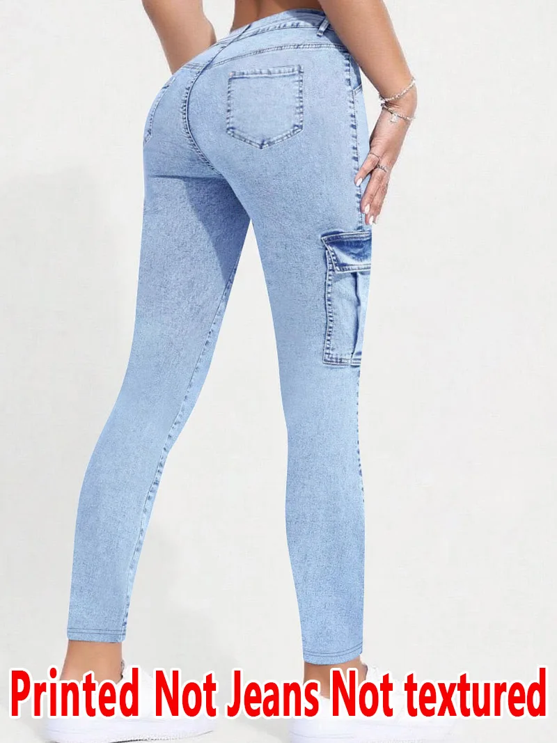 5973  Women's Non-Leather Denim Fabric Tight Pants Printed Base Layer Long Trousers Four Seasons Wearable Ladies Slim Fit Tights