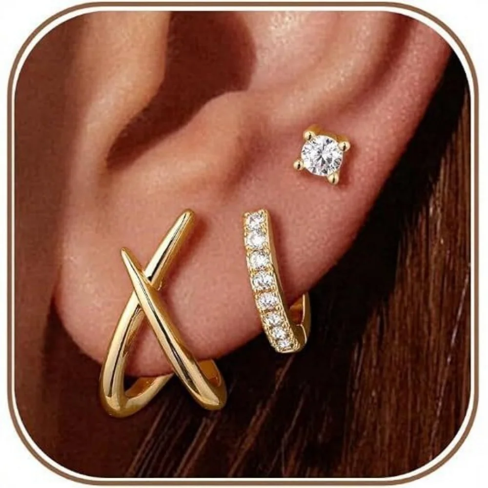 14K Gold Plated 3Pcs Earring Set for Women X‑Shape Cross Zircon Hoop Earrings Copper Gold Plated Luxury Fashion Ear Jewelry Gift
