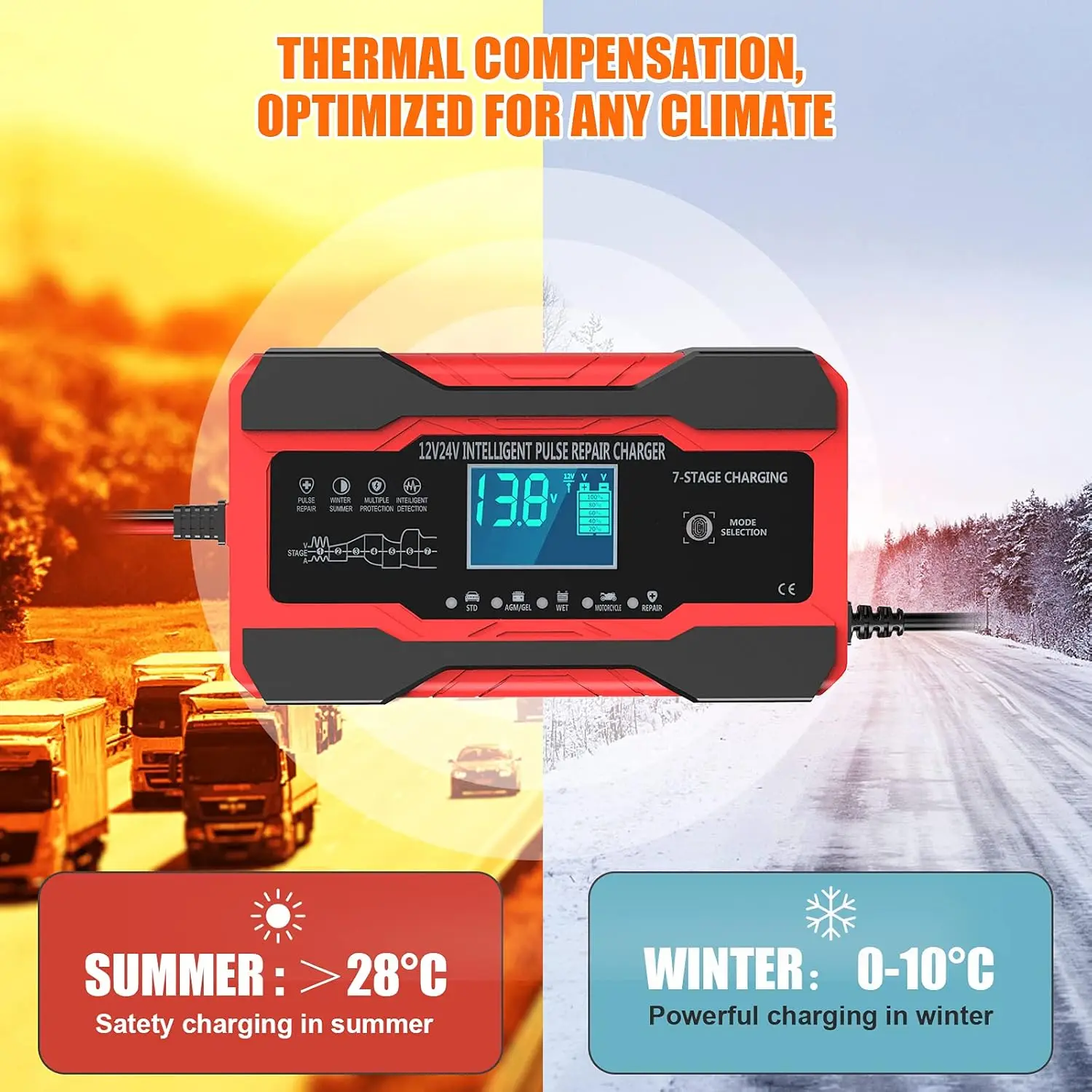 شاحن بطارية ذكي 10 أمبير 12 فولت/24 فولت مع تعويض درجة الحرارة