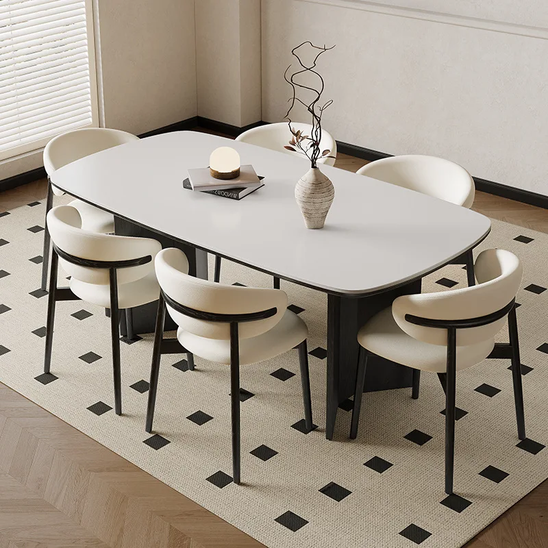 Modern simple Delifeng pure white rock slab dining table household ash wood solid wood rectangular medieval new dining table