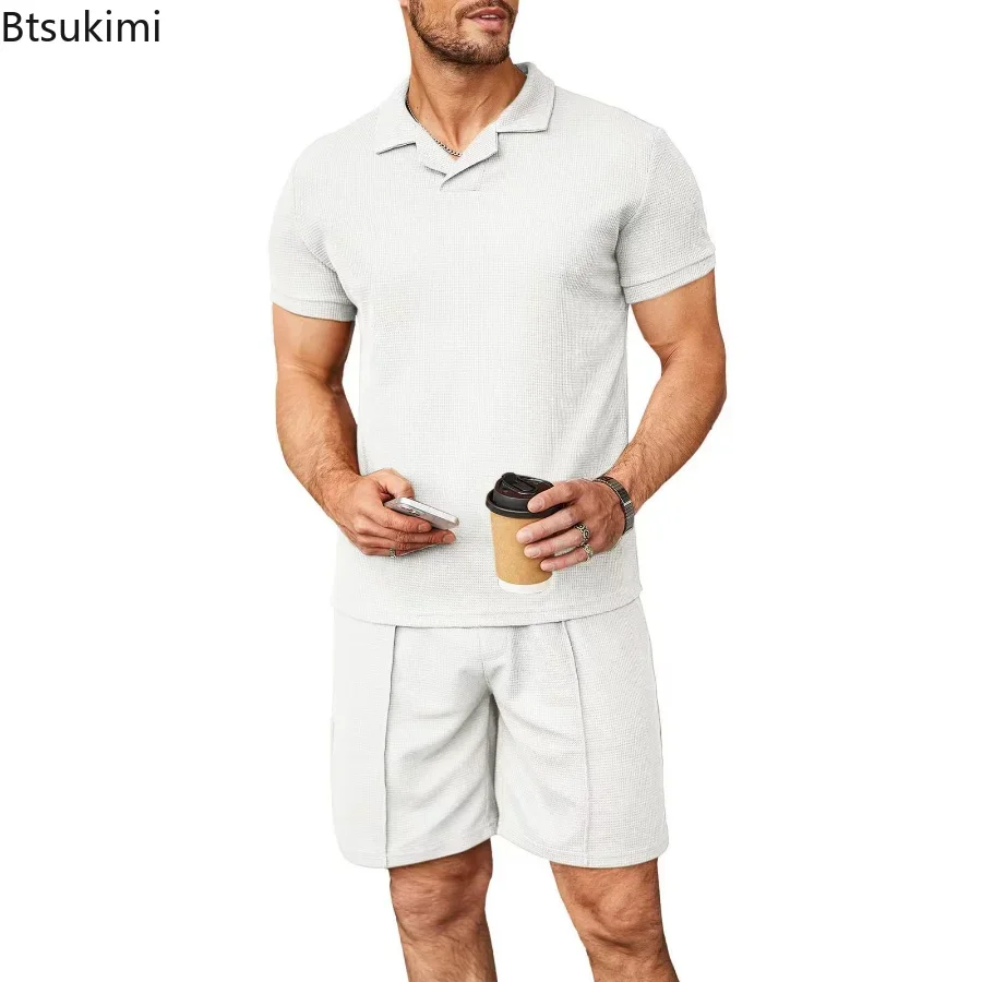2025 Men's Summer Casual Short Sleeve Shirts and Shorts Sets Waffle V-neck Polo Shirt Lapel Cool 2PCS Sets Male Solid Suit Sets