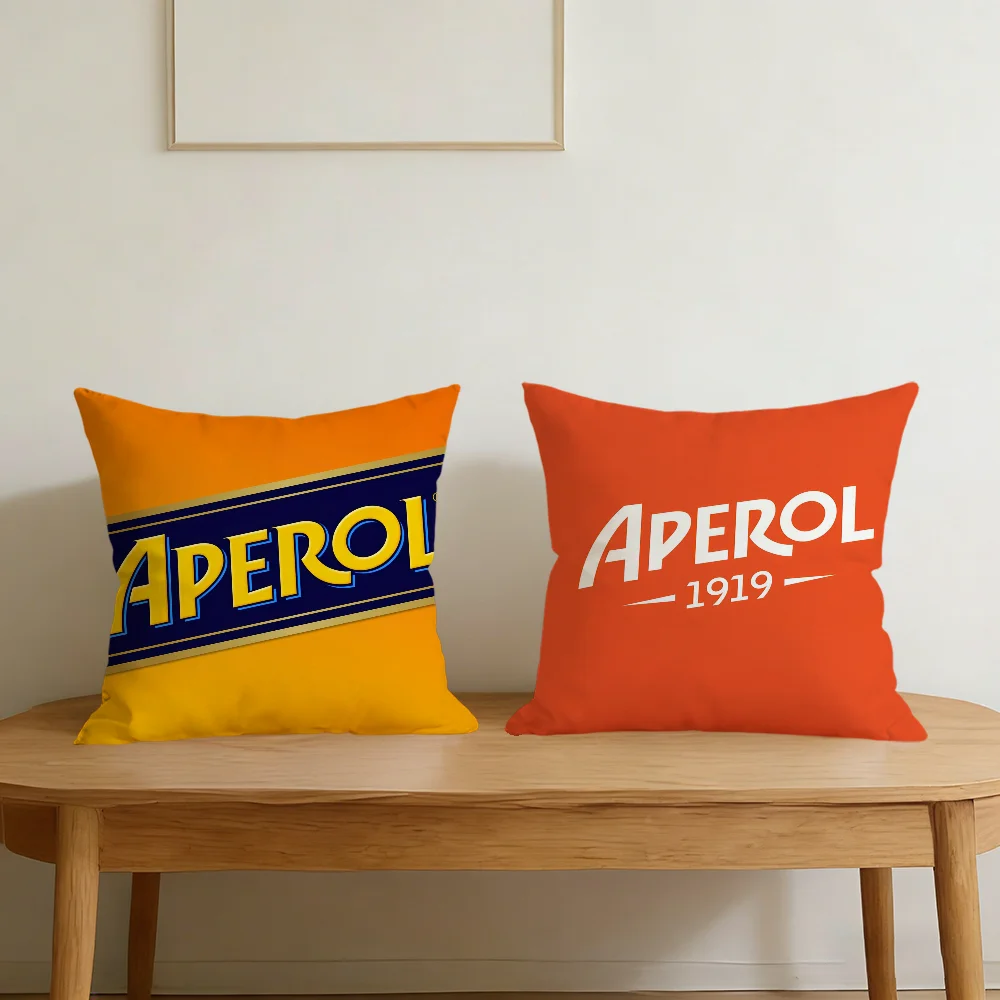 Retro Aperol Spritz Cocktail Pillow Cover, Orange Logo Beach Seaside Illustration Decorative Polyester Cushion Case for Bar Livi
