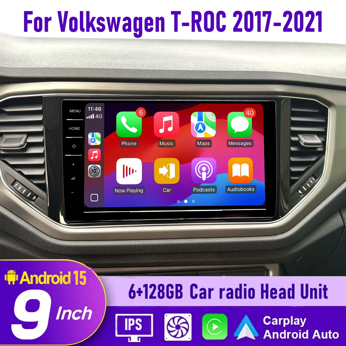 

9“ Wireless CarPlay Android auto 6-128GB (8CORE) For VW T-ROC 2017-2021 MQB Radio QLED Screen Android Head Unit Navigation Car