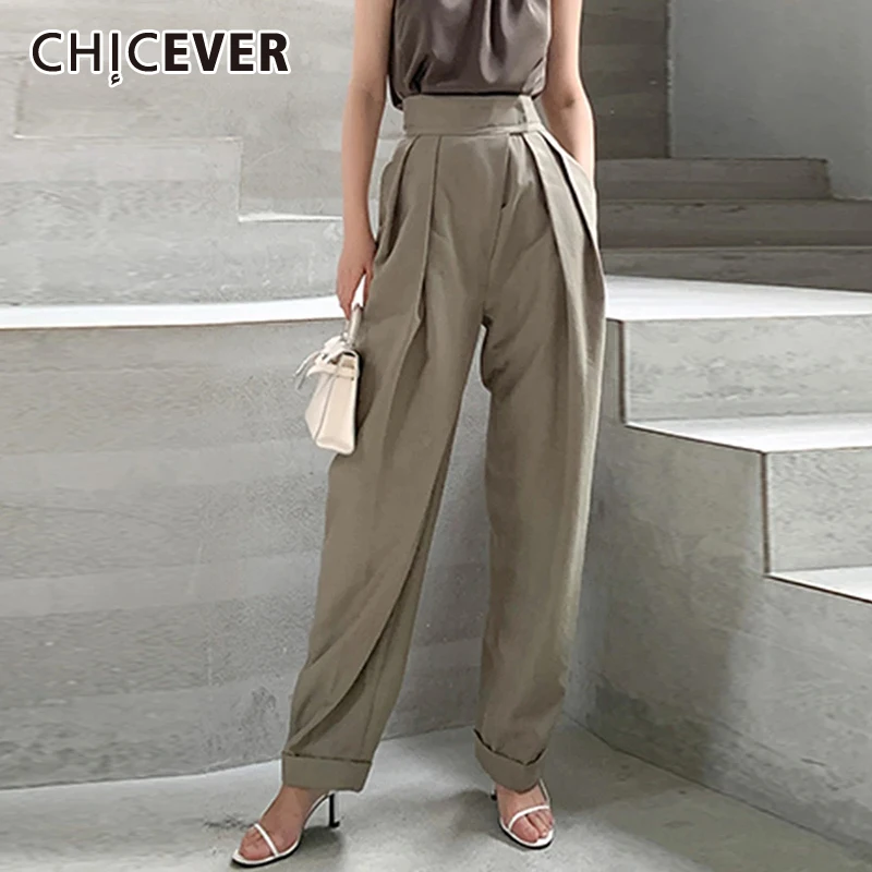 

CHICEVER Fashion Patchwork Folds Pant For Women High Waist Spliced Pocket Loose Casual Wide Leg Trouser Female Designer Style