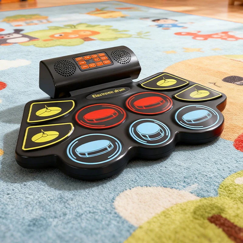 Tragbares, farbenfrohes, faltbares, handgerolltes elektronisches Schlagzeug-Set, Schlagzeug, MIDI-Bluetooth, mit Drumsticks, Pedalen für Anfänger zum Üben