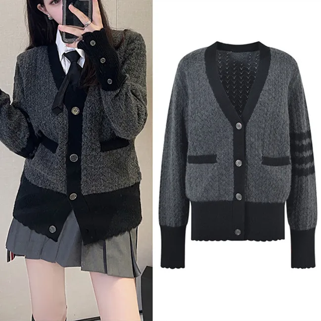 

Высококачественная шерстяная версия, свободный вязаный женский свитер с v-образным вырезом, пальто с четырьмя перекладинами, повседневная верхняя одежда, шерсть премиум-класса