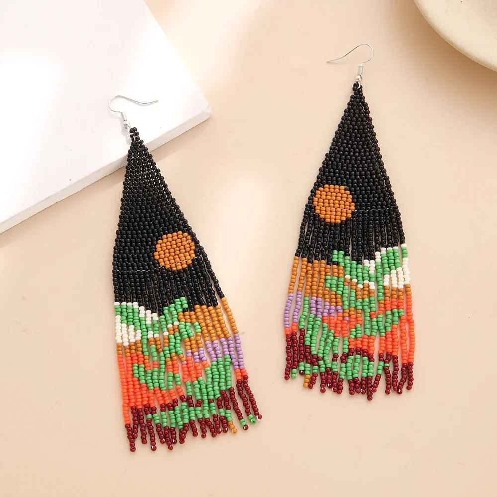 Bohemia Rice Bead Earrings with Plant Color Mixing Tassels Hand-Weaving Simple Beaded Ethnic Style Original Design Jewelry