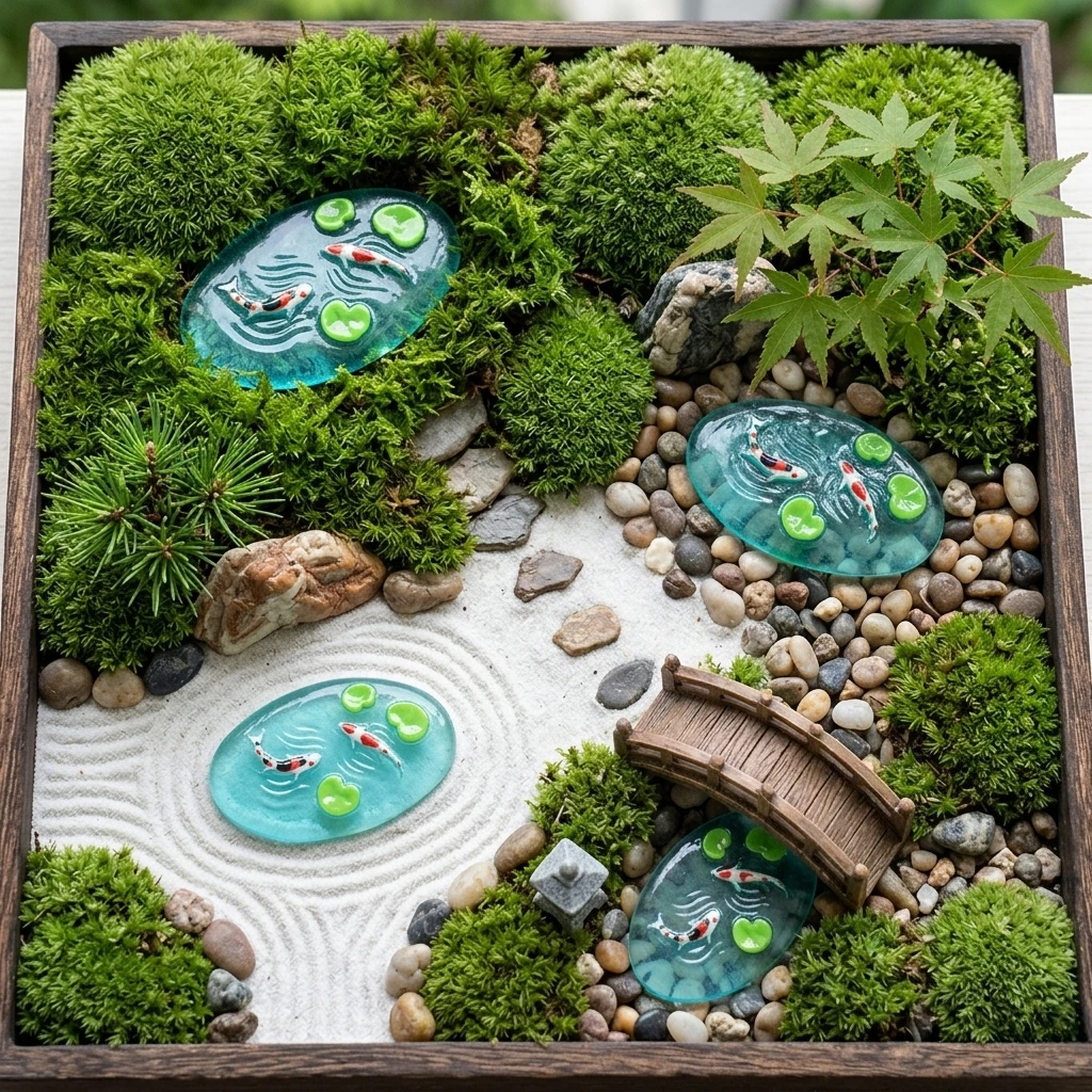 4-teiliges Miniatur-Teichset aus Kunstharz, Mini-Teich & Wassergarten-Zubehör für Minihaus, Feengarten, DIY Mini-Landschaft – Detail 3