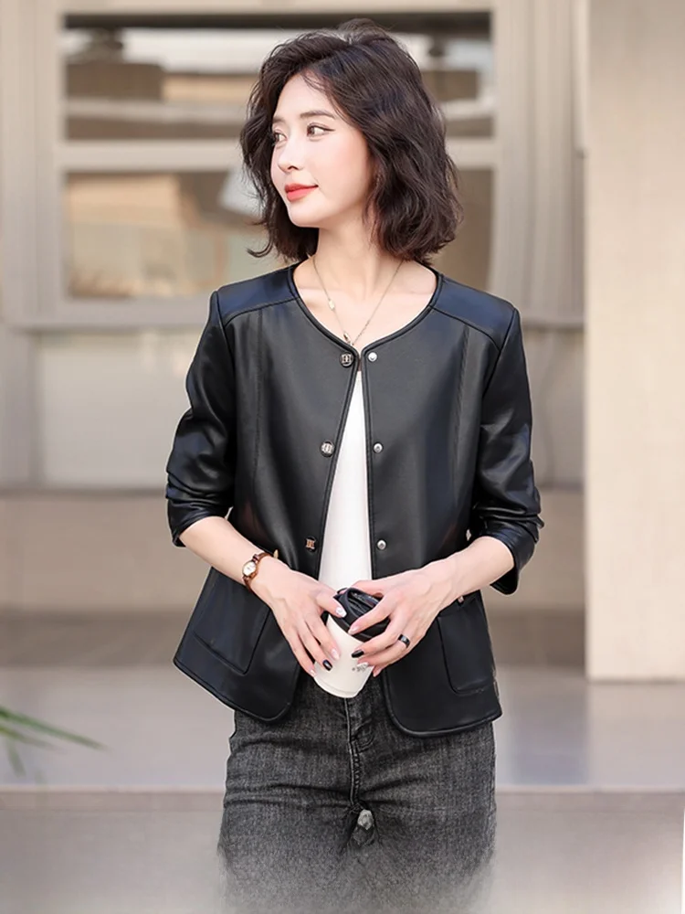  Ning Genuine Leather Jaet Women's ort Sle 2025 Spring Autumn New Small Fraance Slim Fit eepskin Jaet Trendy