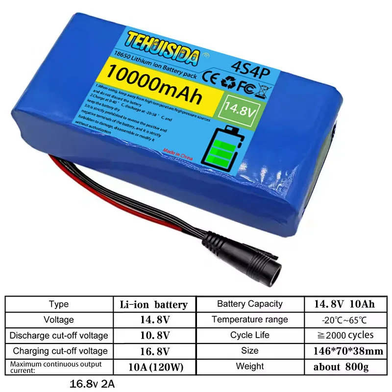 Lithium Battery 4S4P 14.8V 10Ah 18650 BMS 10A Integrated, Night Fishing Lights, Speakers, Radios, 14V Battery + Charger 16.8v 2a