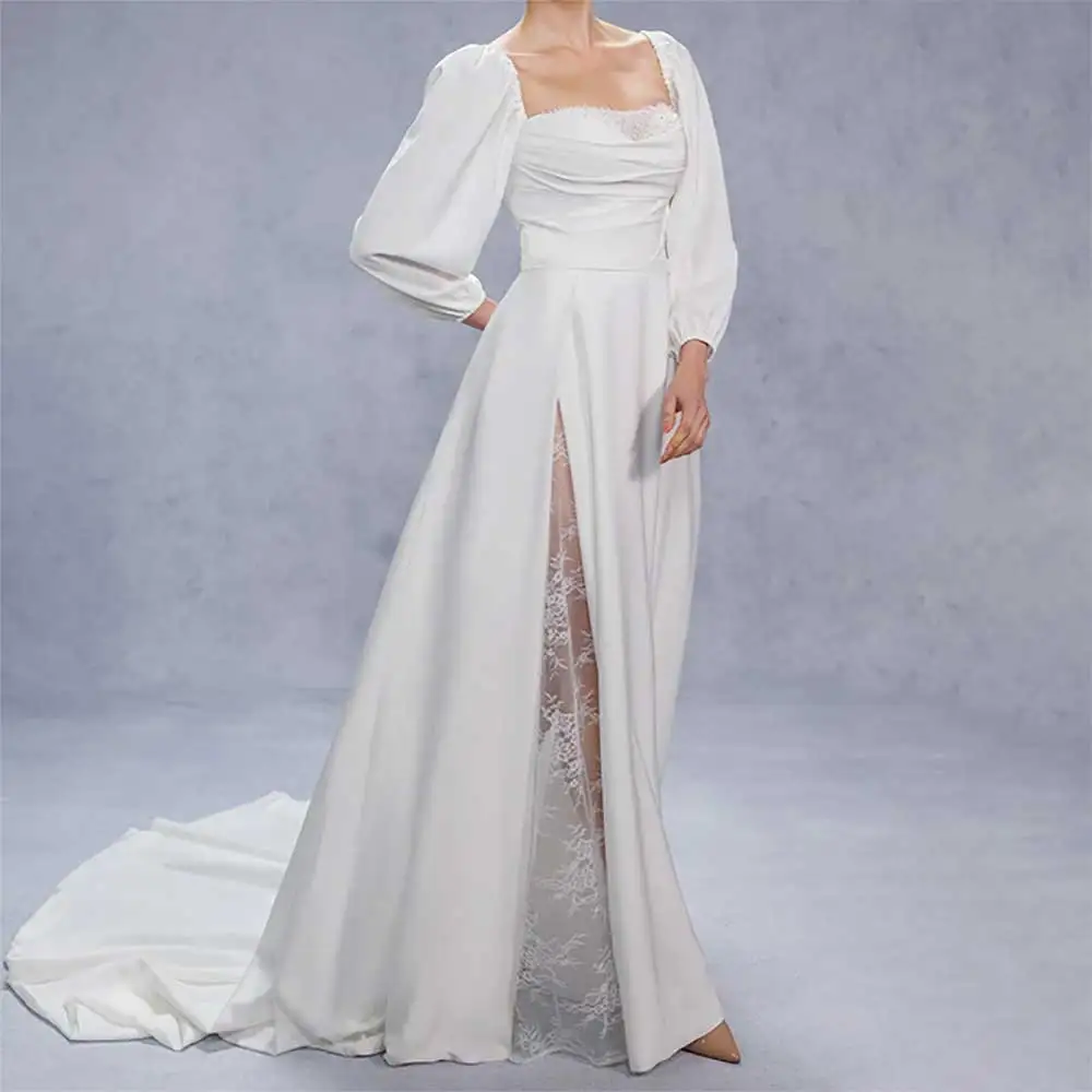 Elegancka suknia ślubna dla panny młodej z kwadratowym dekoltem i rękawem 3/4 z rozcięciem z boku i plisowanym odkrytym tyłem 2025 New Arrival Bride Gowns