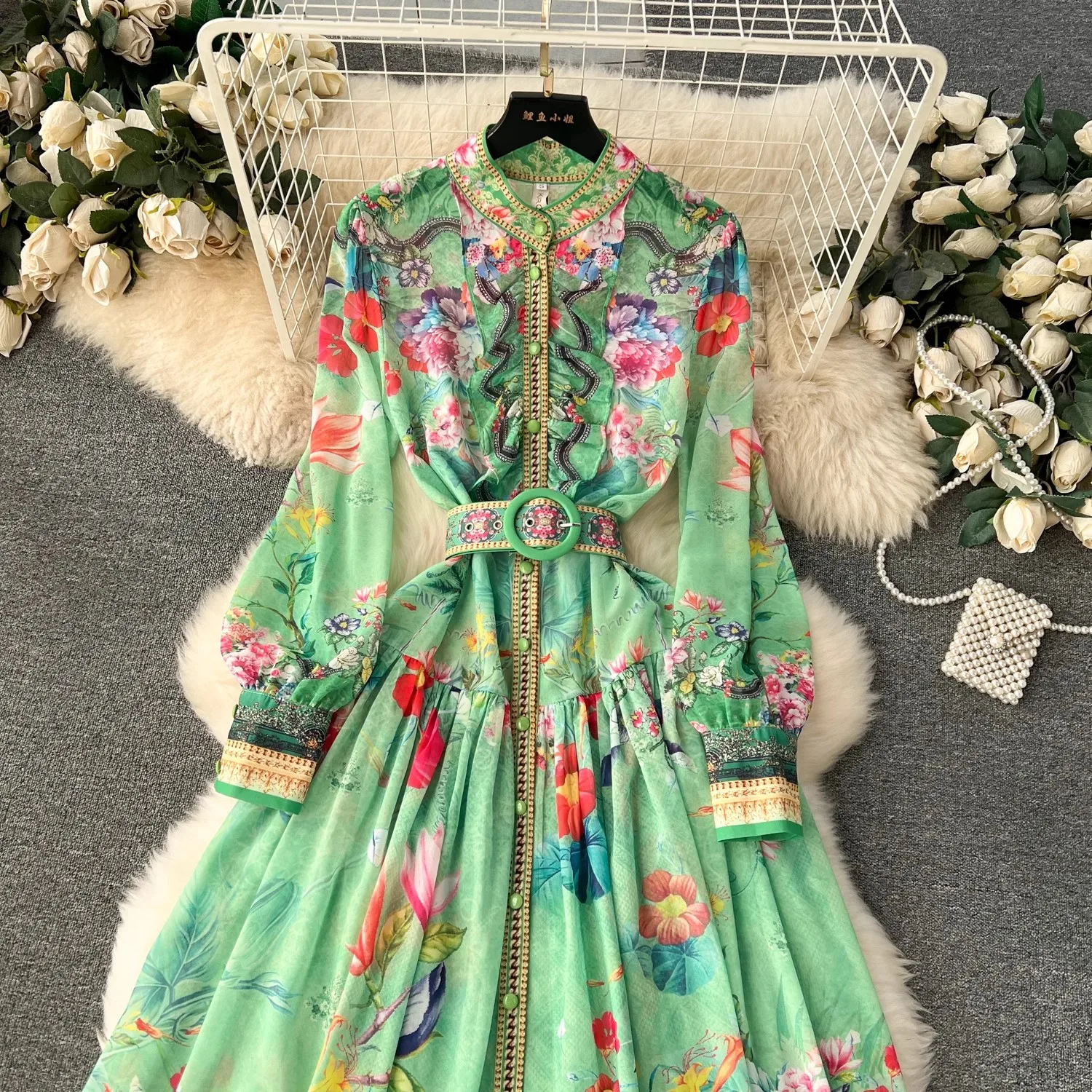 Fashion Bohemain Flower Maxi Dress Women\'s Ruffles Stand Long Lantern Sleeve Single Breasted Floral Print Belt Boho Robe Vestido