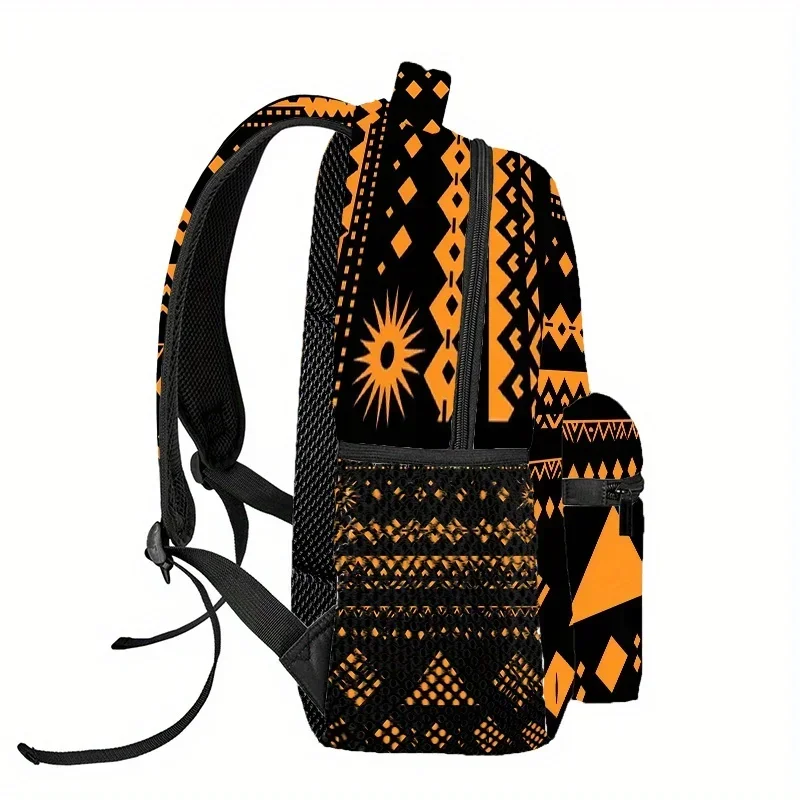 Custom Bag African Dashiki Print Backpack - Stylish Black & Golden Geometric Pattern, Lightweight Polyester, Adjustable Shoulder