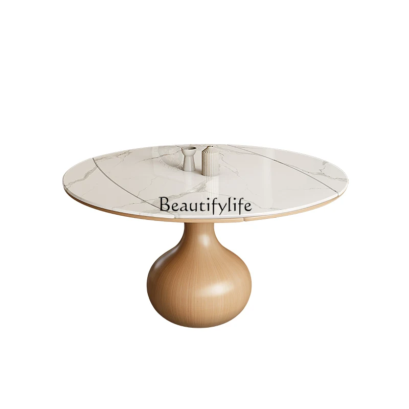 

Cream Style Rock Plate Dining Table Foldable Round Modern Minimalist Nordic White Wax Wood Solid Wood Dining Table