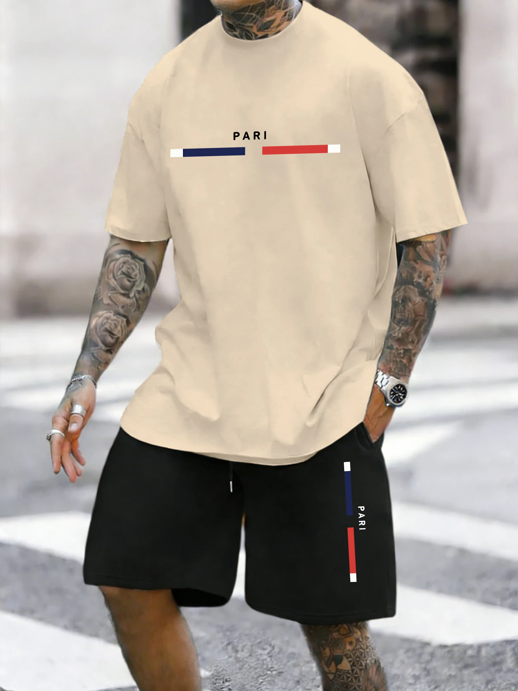 

Paris Letter Simple Printing Cotton Summer Breathable Tops Sets Man Commute Comfortable T Shirt Jogging Basics Sportpants