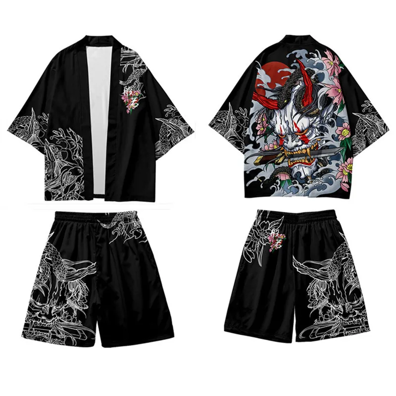 

Summer Two-piece Suit Vintage Japanese Loose Cardigan Newest Haori Yukata Green Demon Print Kimono Shorts Sets