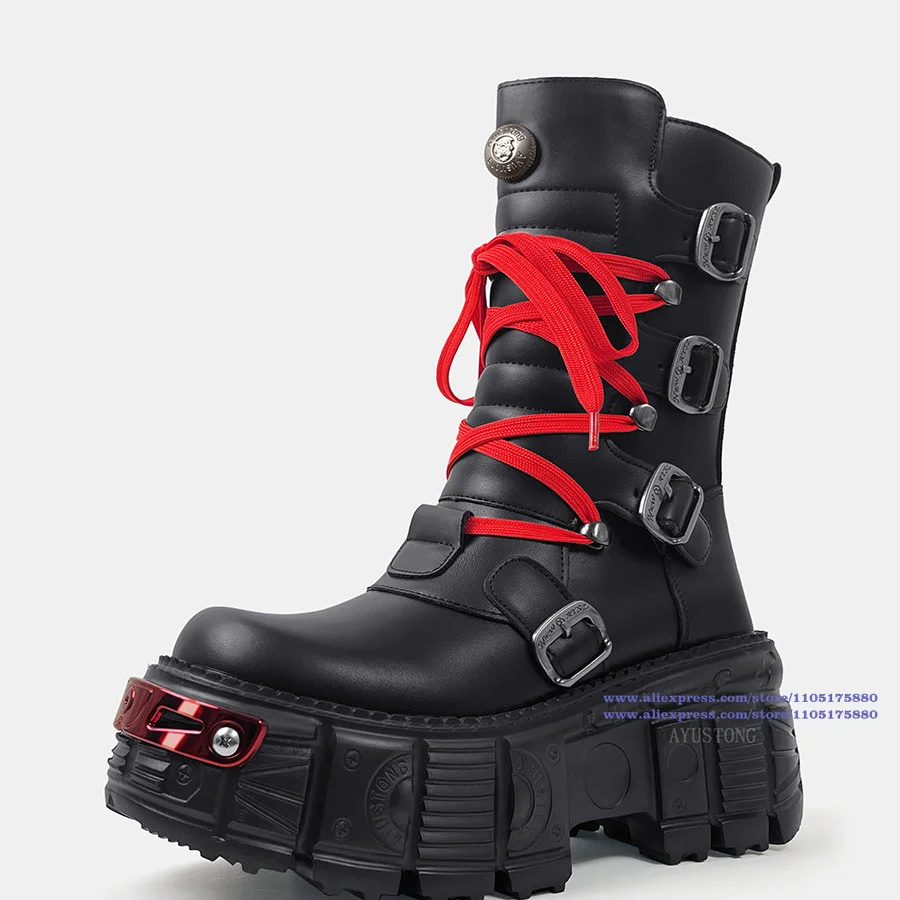 Gothic Platform Mid-Calf Boots 8cm Height Increasing Red Contrast Laces Metal Buckle Side Zipper Thick Sole Punk Booties
