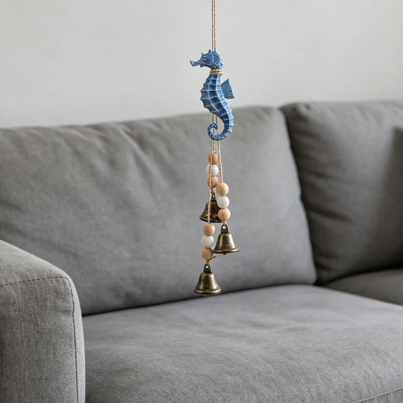 Seahorse Wind Chime Mediterranean Style Wind Bell 13 Inch Nautical Beach Hanging Windchime Wood Beads Coastal Wall Door Window