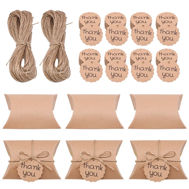 10/20/50pcs Paper Pillow Candy Box Kraft Paper Square Candy Box With Thank You Tag For Baby Shower Birthday Wedding Party Decor