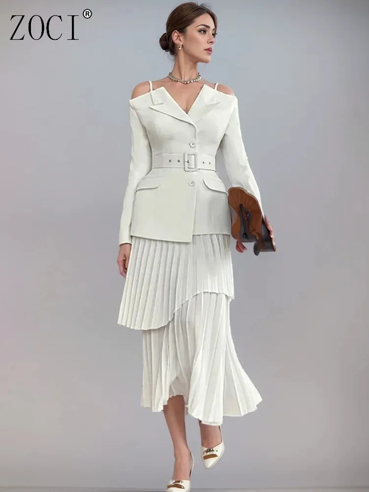 

ZOCI модный женский комплект из 2 предметов, блейзер с бретелями и поясом, плиссированный костюм с высокой талией и нерегулярной юбкой, новинка лета 2023 г.