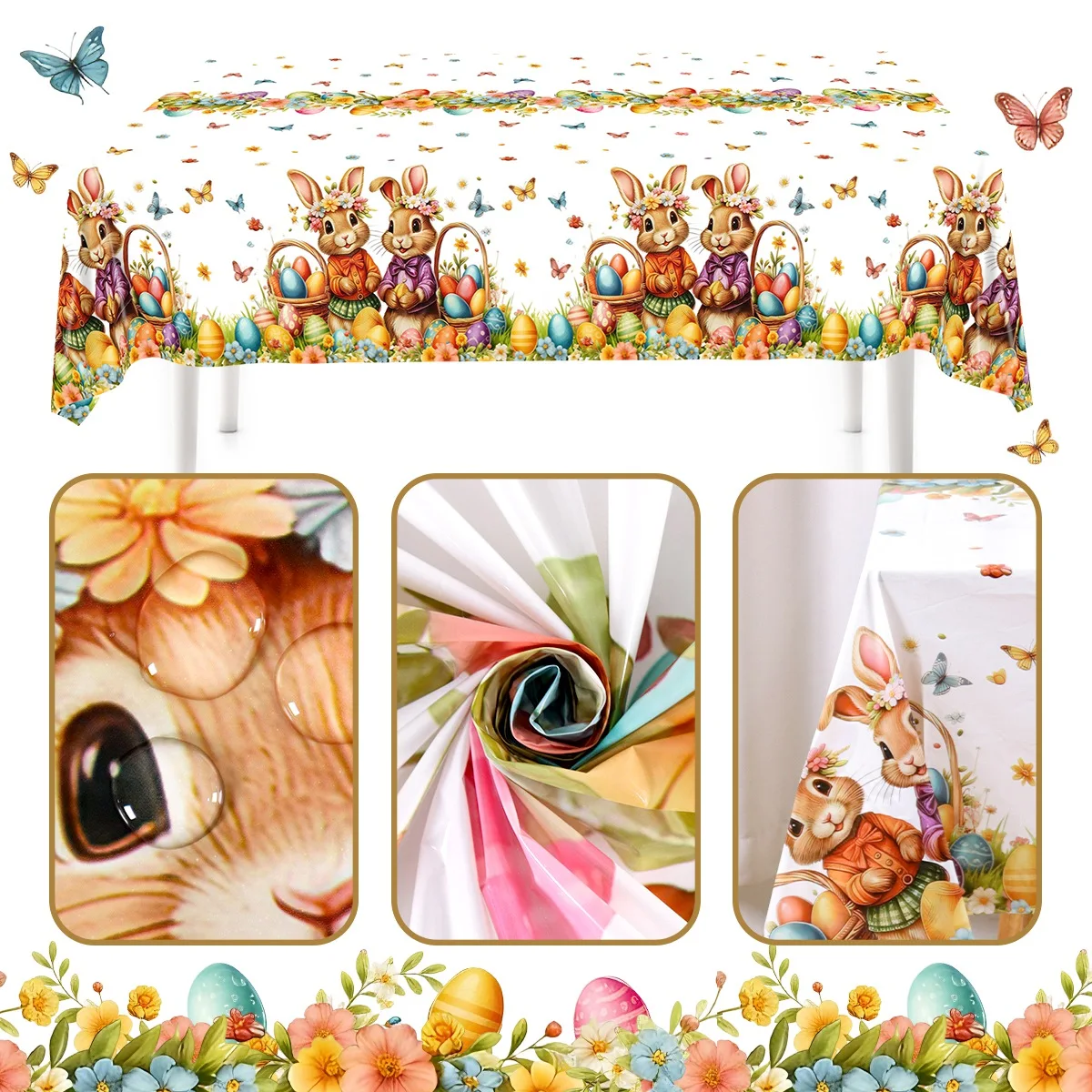 130*220cm Easter Cute Bunny Tablecloth Egges Hunting Pattern Disposable Table Cover Dining Kitchen Table Decor Happy Easter