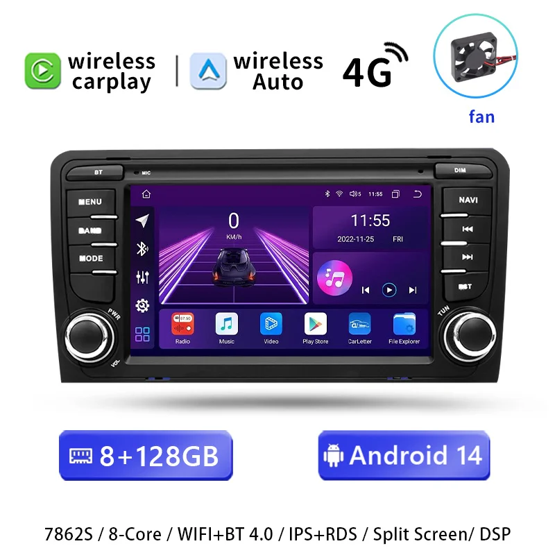 7'2 DIN draadloze CarPlay Android 14 autoradio voor Audi A3 8P 8L S3 RS3 8E/8H S4/B5 B7 2003-2012 Sportback Seat Exeo Multimedia GPS navigatiescherm stereo Wifi 4G 128GB