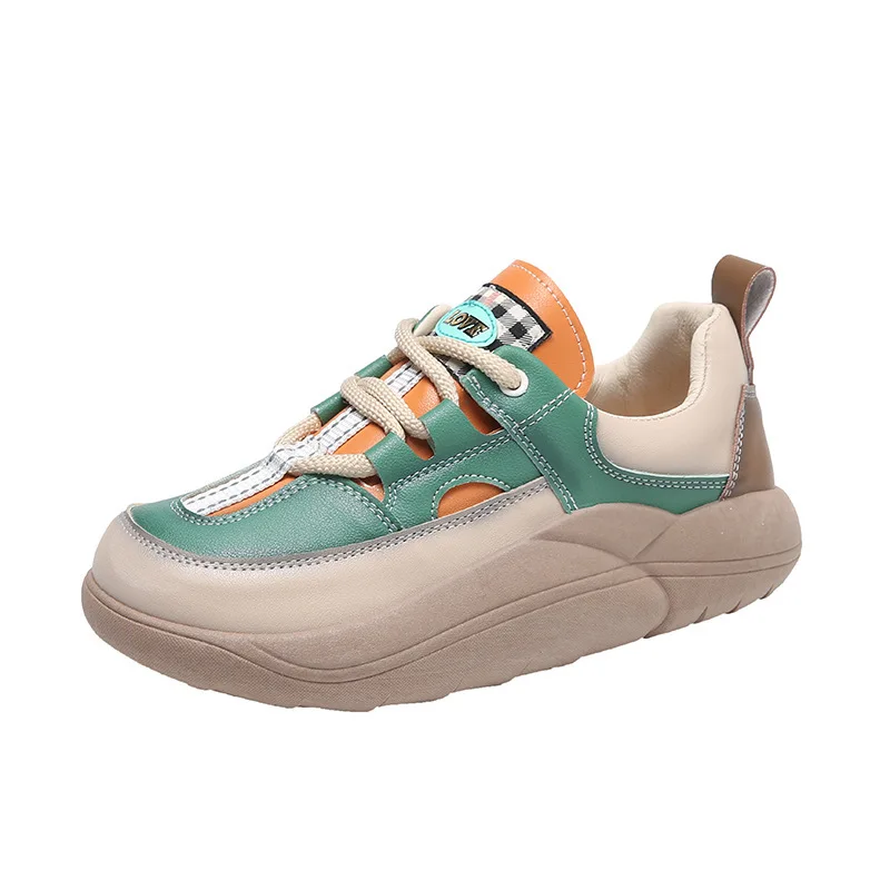 Thick Sole PU Face Women\'s Shoes 2023 Spring Autumn New Casual Single Shoes Women\'s Color Matching Sponge Sole Vulcanized Shoes