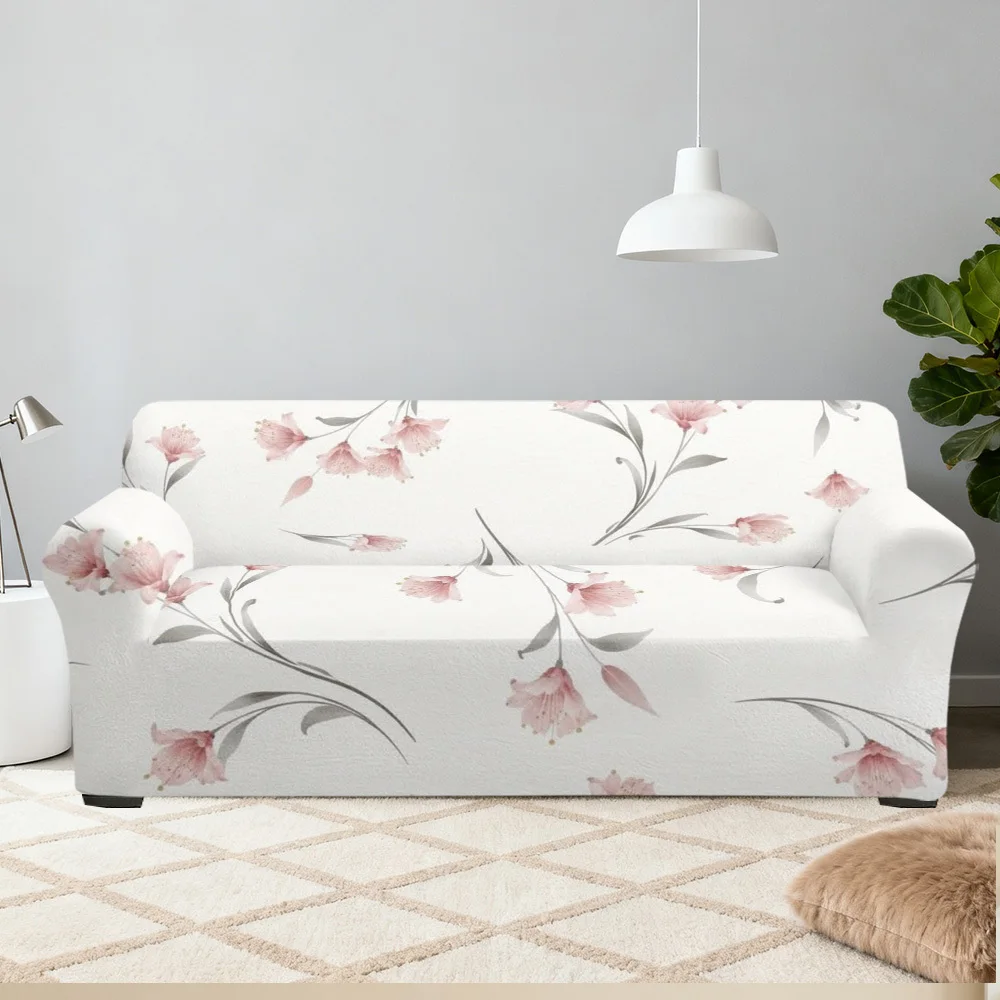 1pc Elegant Watercolor Pink Floral Print Stretch Sofa Cover, Minimalist Botanical Couch Slipcover for Shabby Chic Home Decor
