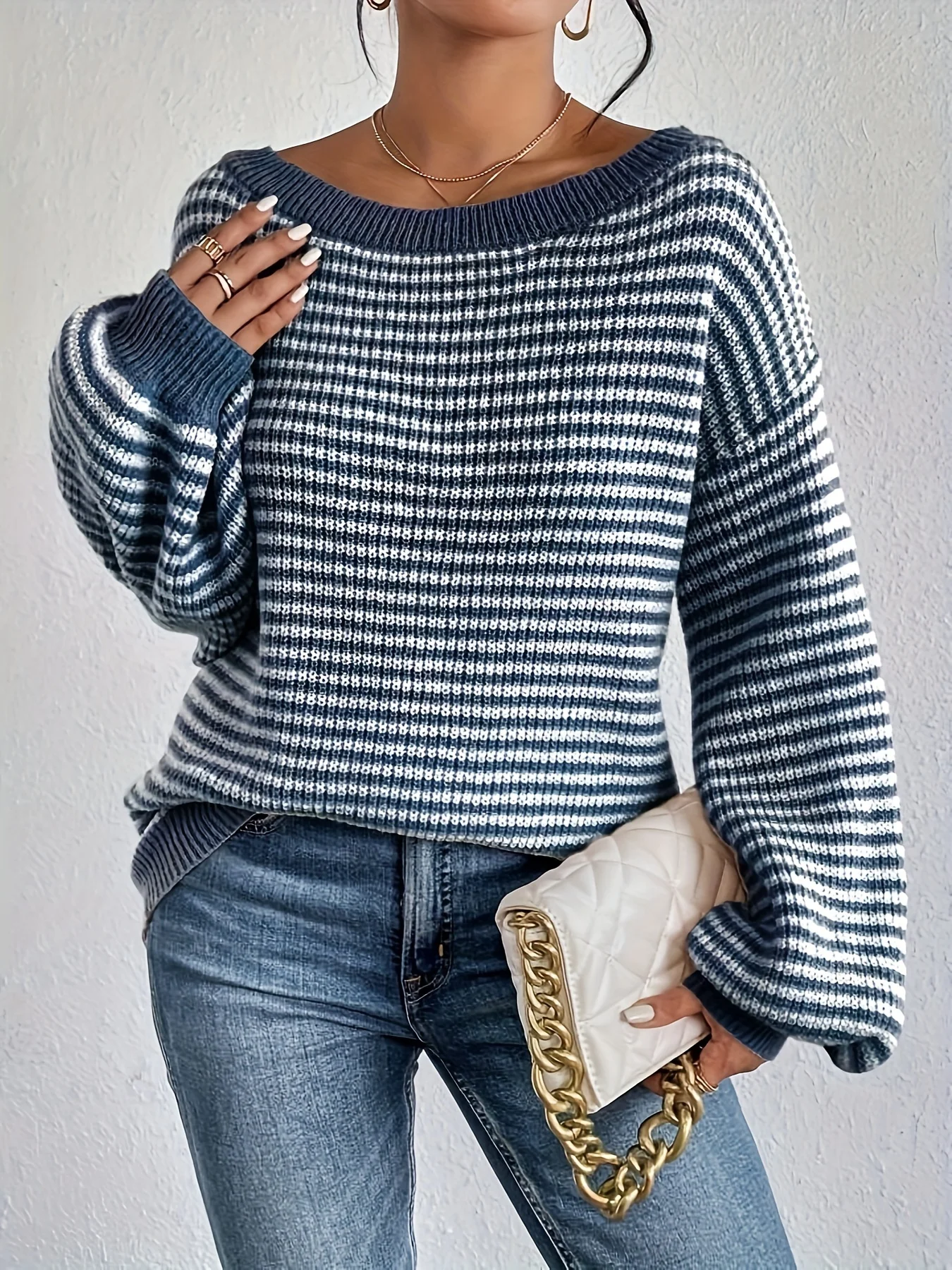 2024 New Year\'s hot fashion striped versatile round neck pullover knit sweater