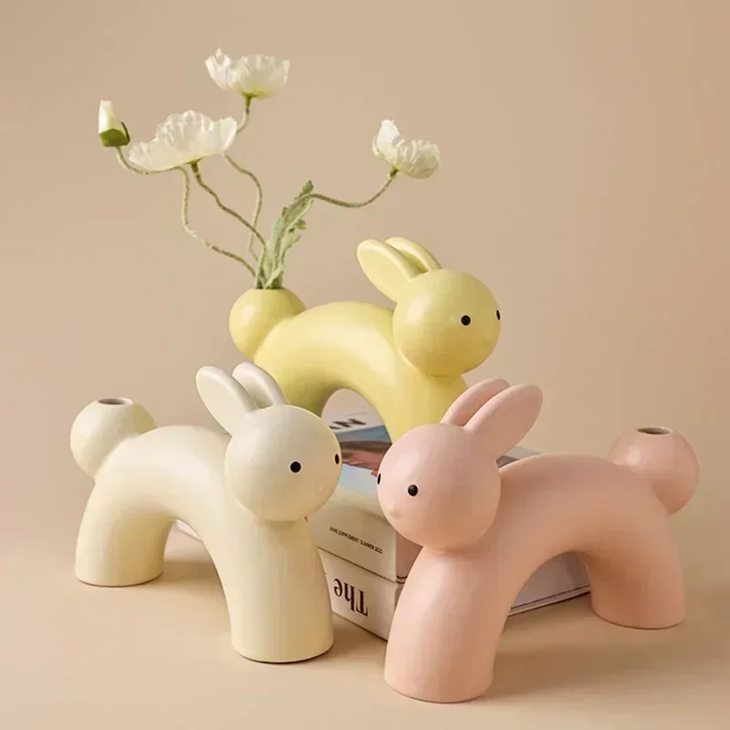 boyouPorcelain Cream Rabbit Vases Abstract Figurines Creative Dried Flower Arrangement Home Interior Living Room Decoration