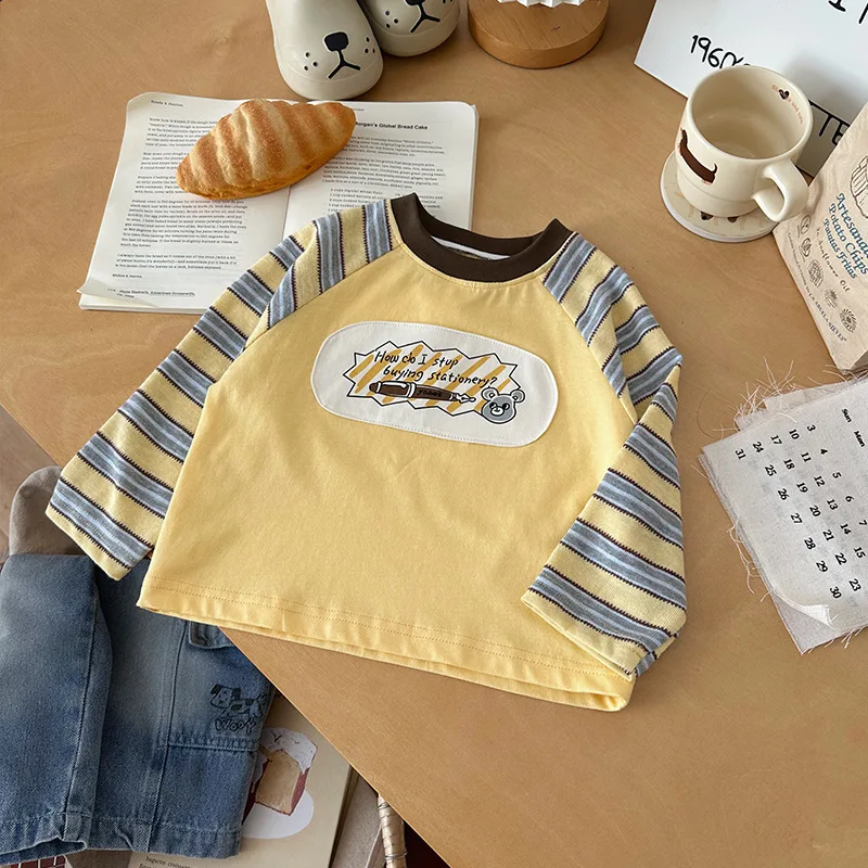 Autumn Kids Boys Striped Long Sleeves BELLBELL Letter Sticker Children Boys Pullovers Casual 1-6Yrs Babys Boys Overalls Jeans