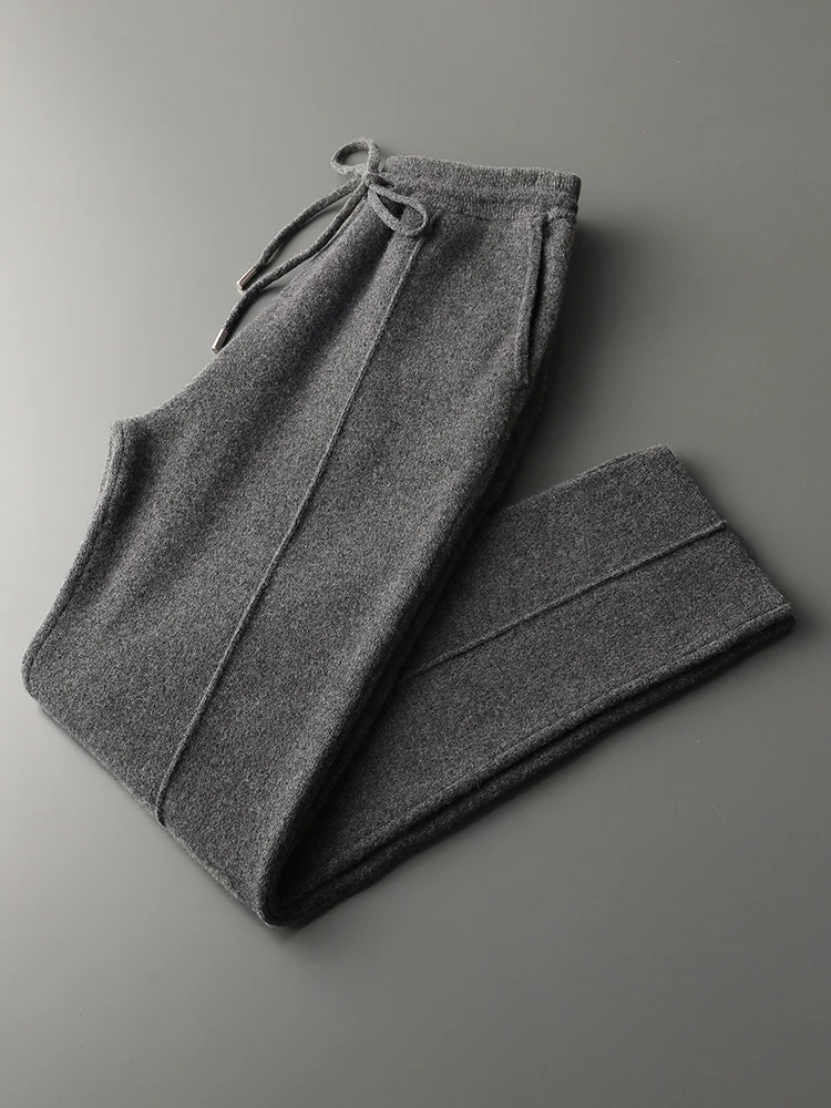 Men 100% Merino Wool Sweater Suit Mock Neck Zipper Pullover and Pencil Pants Autumn Winter Thick High Quality Knitwear Two Piece