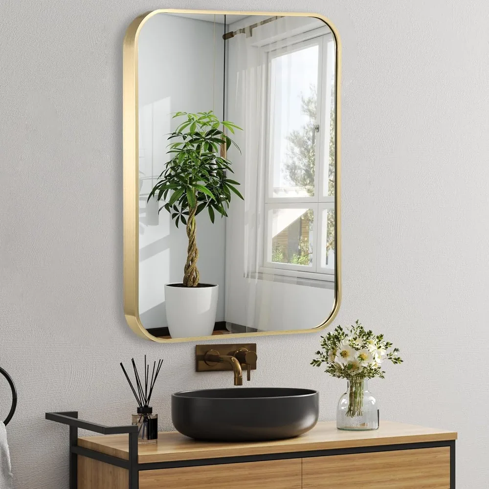 

22x30 Inch Gold Bathroom Mirror, Brushed Brass Gold Metal Framed Rectangular Mirror with Rounded Corner, Bathroom Vanity Mirror