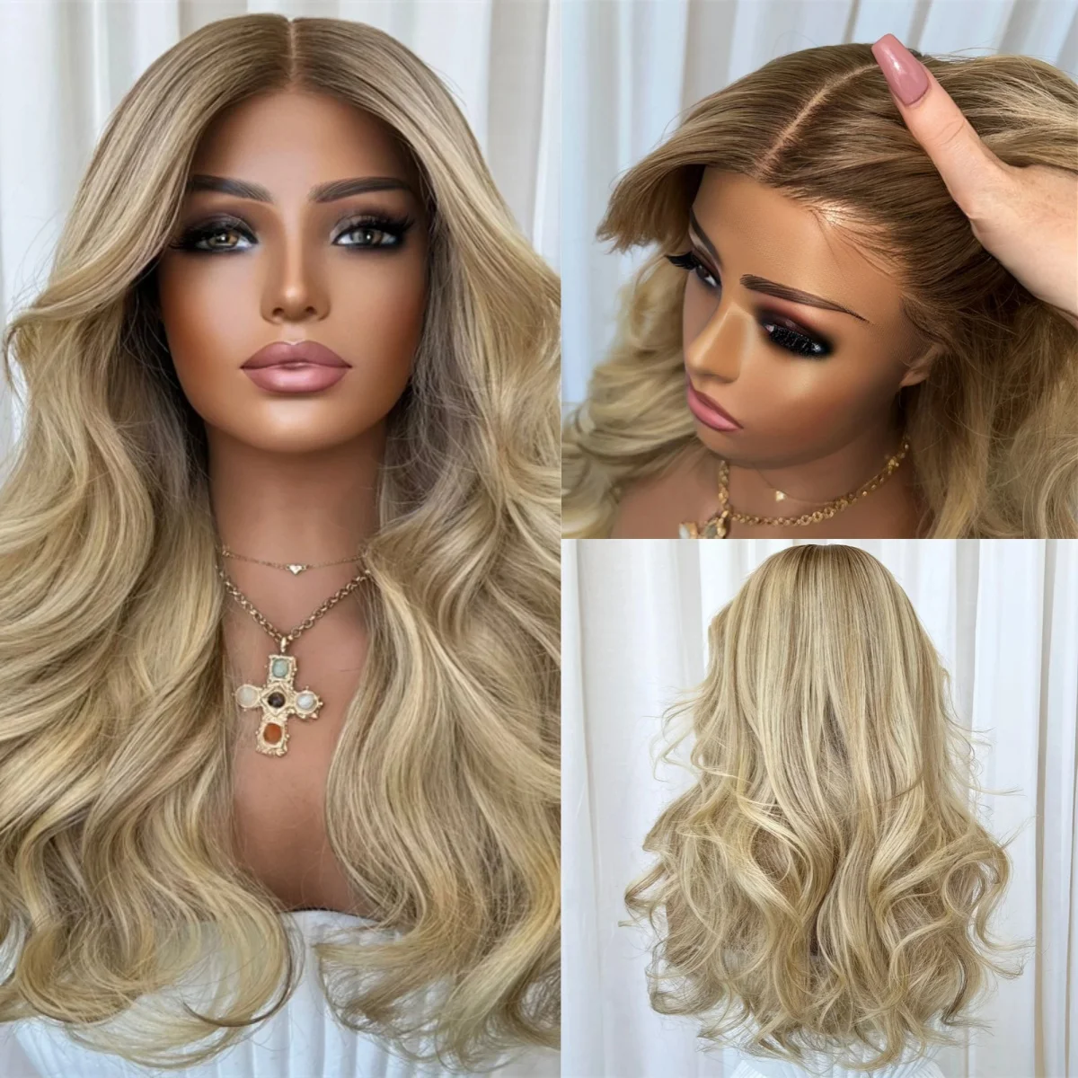 Trendy Wig 13x4 Free Part Ombre Golden Blonde Highlight Lace Front Wig with Roots Synthetic Wig Blend Human Hair Soft Body Wave