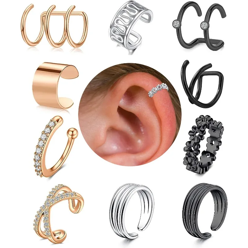 12pcs Stainless Steel Ear Cuff Helix Cartilage Clip On Wrap Earrings Fake Nose Ring Non-Piercing Adjustable Men Women