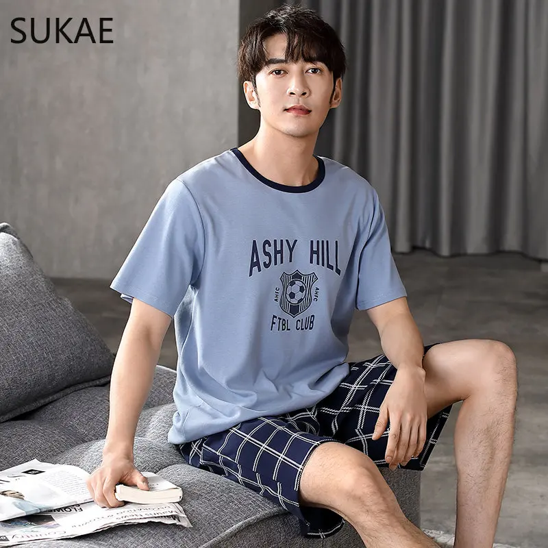 

SUKAE L-4XL Summer Shorts for Men Cotton Sleepwear Soccer Printing Pajamas Set Causal Pyjama Boy Loungewear Leisure Male Pijamas